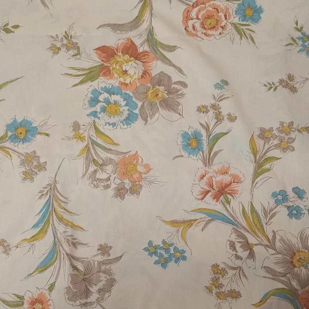 1970s JcPenny’s Cream, Peachy Rust & Blue Floral Print Twin, Fitted, Bed Sheet.